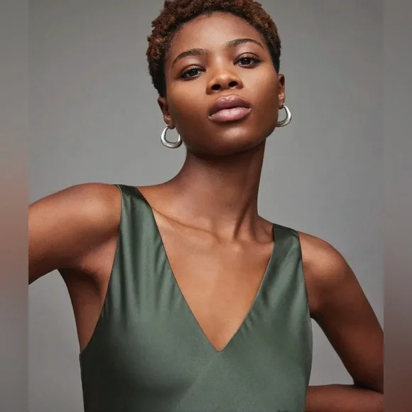 ALL SAINTS satin V neck green slip sleeveless maxi dress xs Euc - Picture 3 of 12